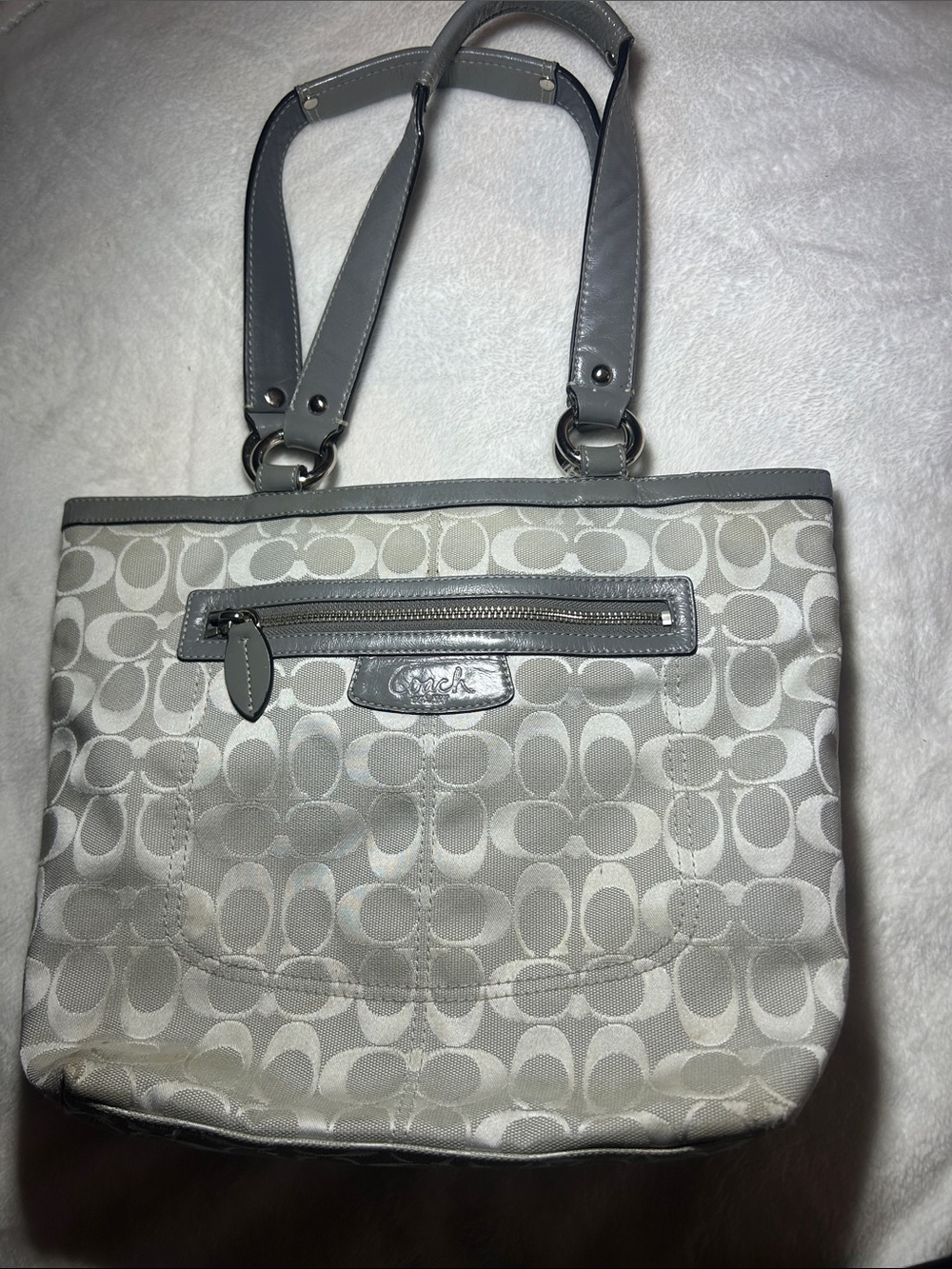 Coach Signature Canvas Shoulder Bag in Light Gray and Cream